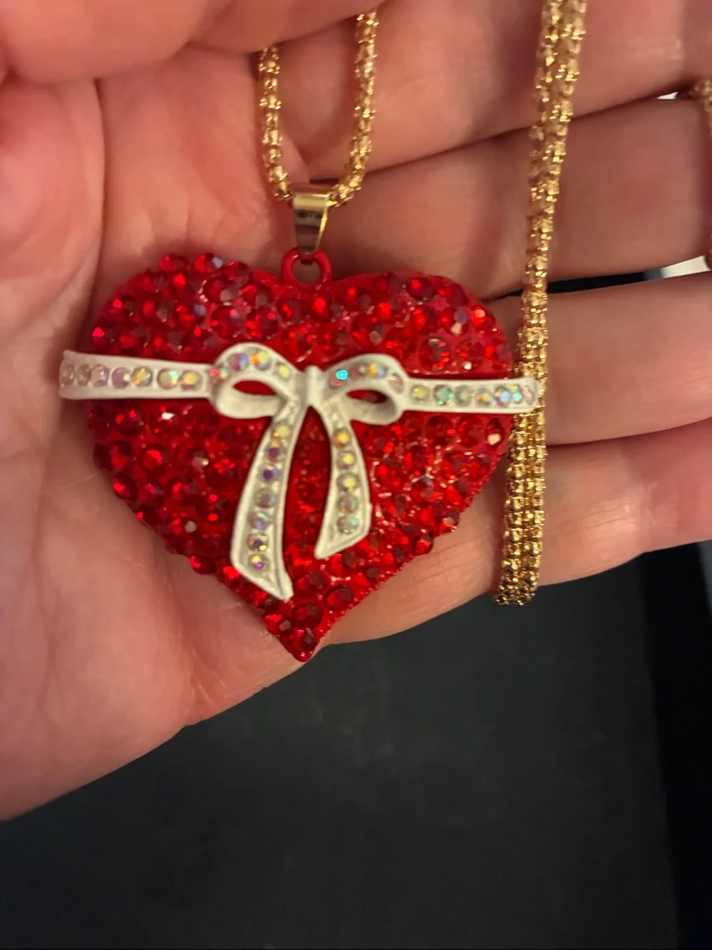 Red Crystal Heart Pendant Necklace with Bow Accent crystals on the bow.